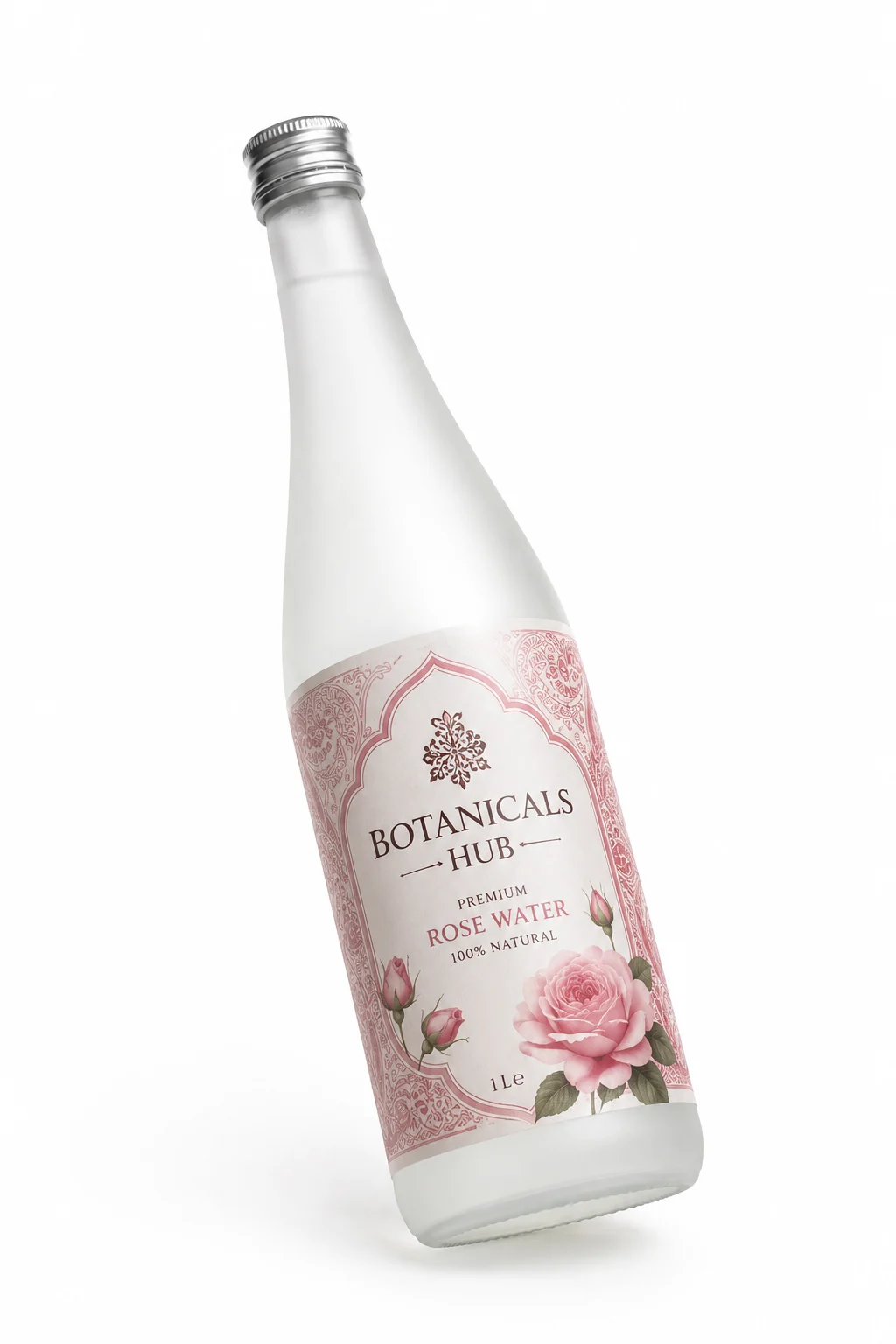 A one-liter bottle of Iranian Qamsar rose water in a champagne-style glass