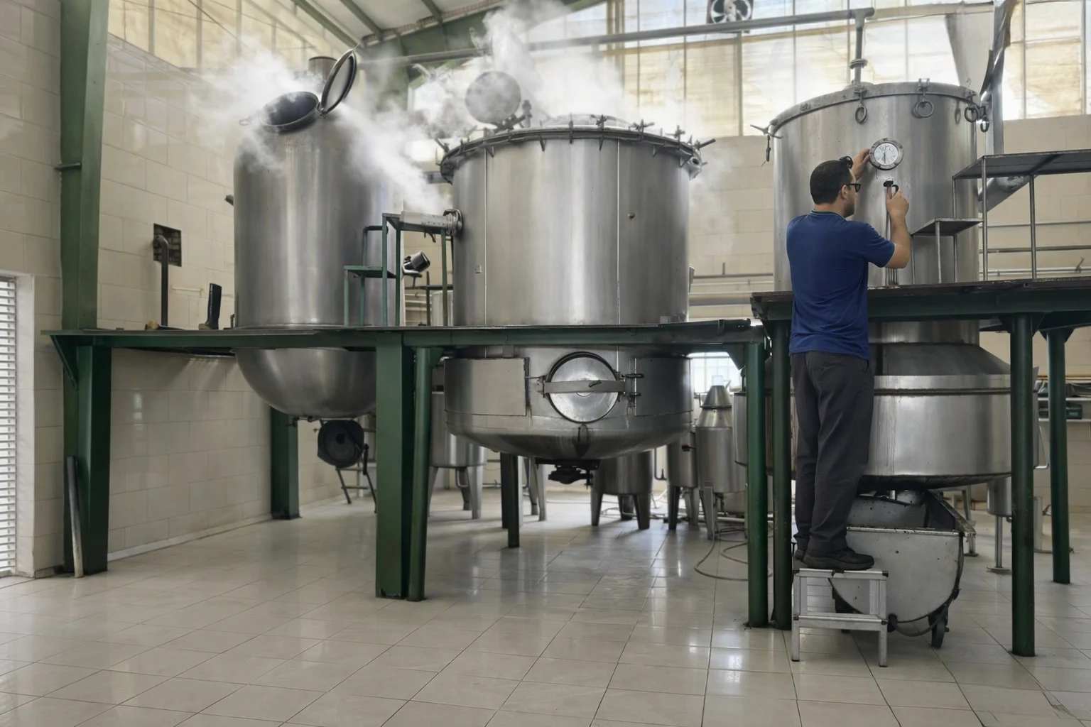 A rose water production line operator adjusts the pressure of distillation boilers at a rose water factory in Iran.