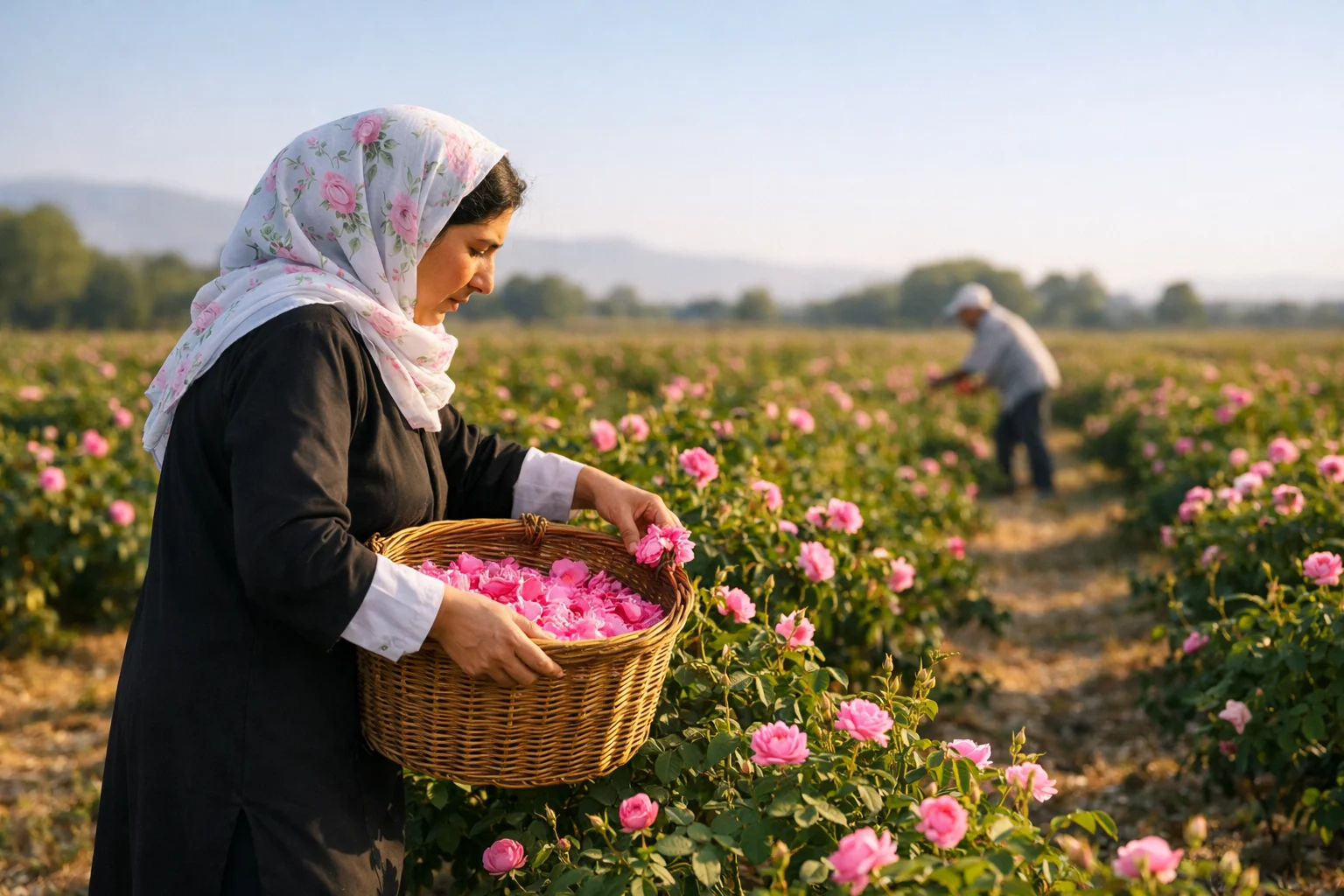 a woman worker picking damasc rose in a iranian farm