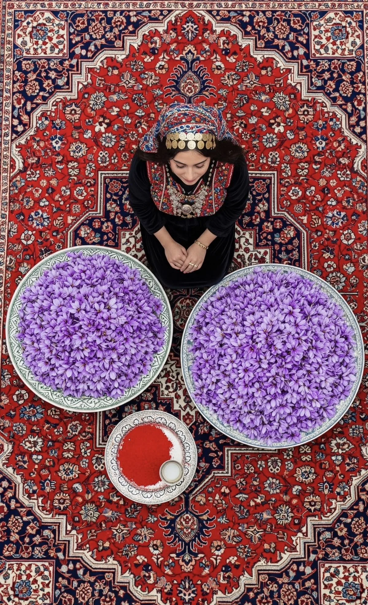persian girl between alot of saffron flower